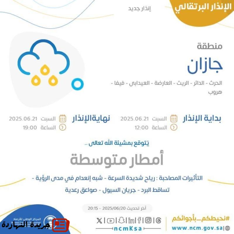 “الأرصاد” ينبه من أمطار متوسطة وأتربة مثارة على منطقة جازان