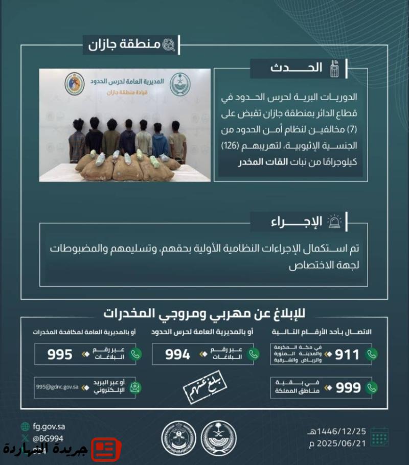 حرس الحدود بجازان يقبض على (7) مخالفين لتهريبهم (126) كيلوجرامًا من القات المخدر