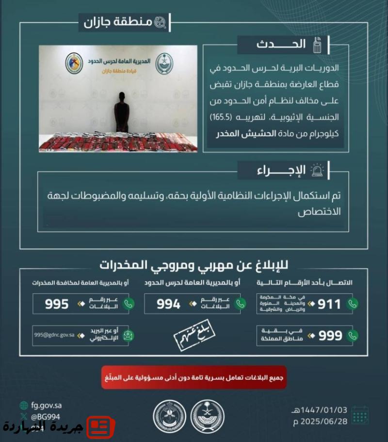 حرس الحدود بجازان يقبض على مخالف لتهريبه (165.5) كيلوجرامًا من الحشيش المخدر 2 حرس الحدود بجازان يقبض على مخالف لتهريبه (165.5) كيلوجرامًا من الحشيش المخدر