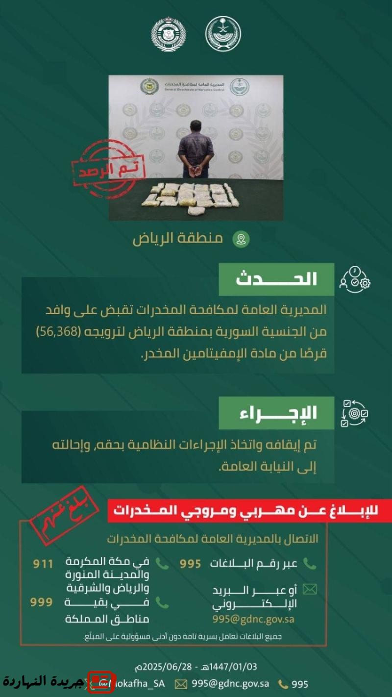 مخدرات الرياض تقبض على وافد لترويجه 56,368 قرصًا من الإمفيتامين المخدر 2 مخدرات الرياض تقبض على وافد لترويجه 56,368 قرصًا من الإمفيتامين المخدر